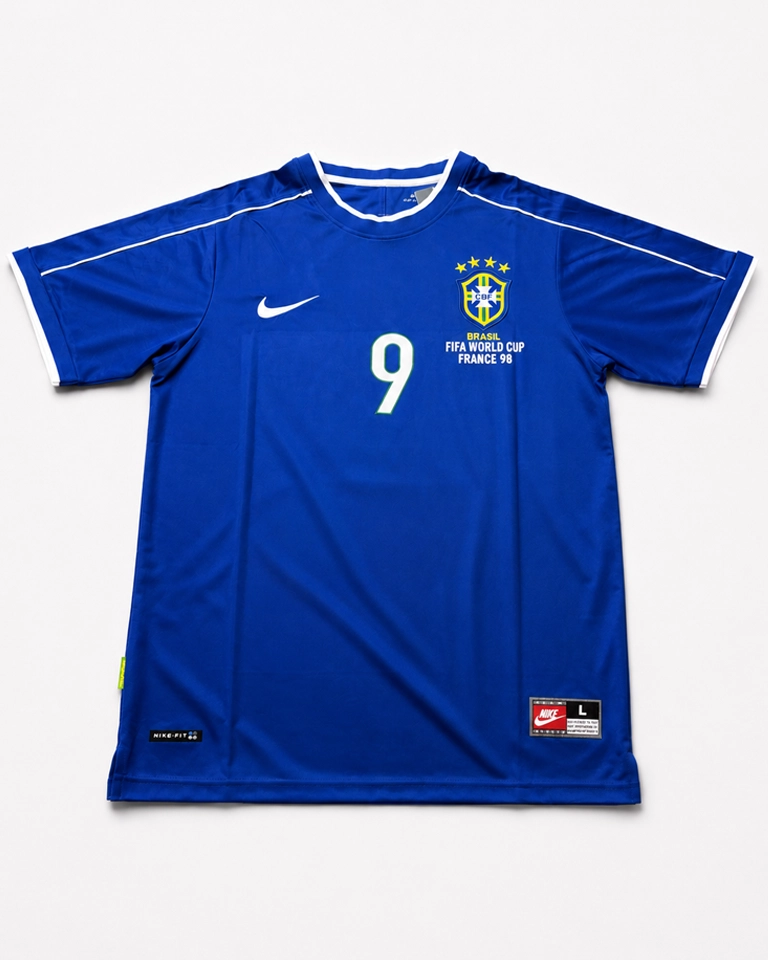 Camisa Retrô Brasil 1998 Away Ronaldo #9 Azul Copa Do Mundo França 98 Rara