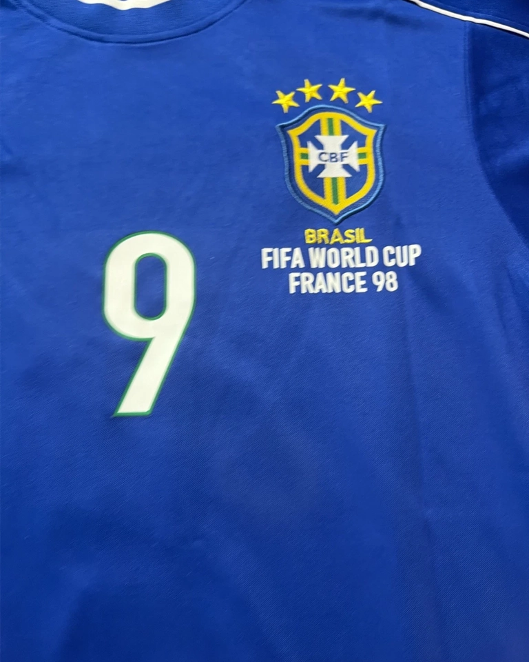 Camisa Retrô Brasil 1998 Away Ronaldo #9 Azul Copa Do Mundo França 98 Rara - Imagem 4